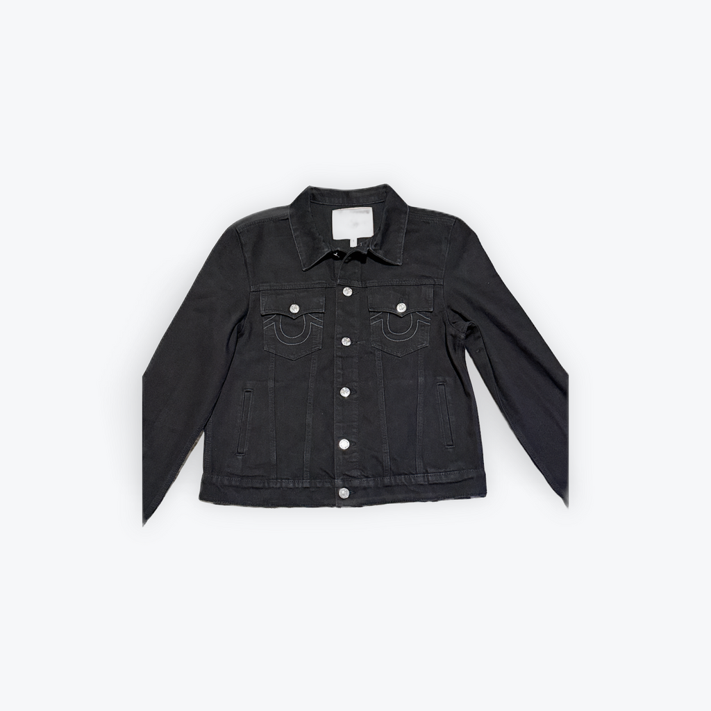 Men's Black Solid Denim Jacket, Button Front, Point Collar, Short, Pockets